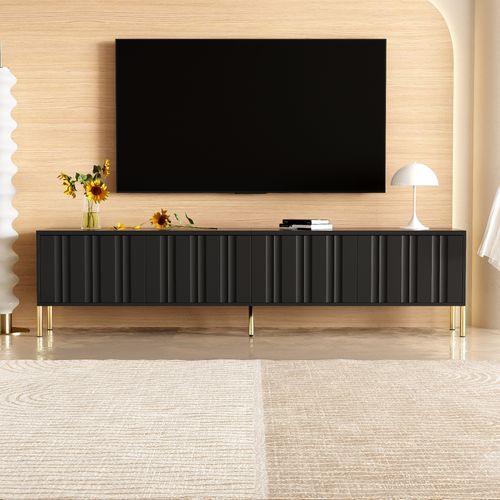 Meuble TV Noir 190 Cm Avec Portes Verticales Et Pieds Dorés