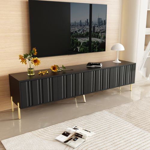 Meuble TV Noir 190 Cm Avec Portes Verticales Et Pieds Dorés