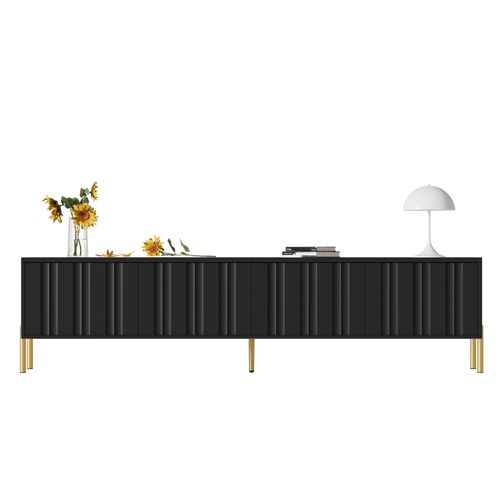 Meuble TV Noir 190 Cm Avec Portes Verticales Et Pieds Dorés