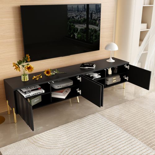 Meuble TV Noir 190 Cm Avec Portes Verticales Et Pieds Dorés