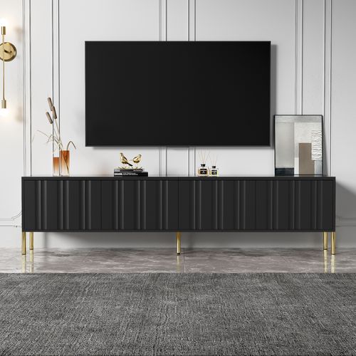 Meuble TV Noir 190 Cm Avec Portes Verticales Et Pieds Dorés