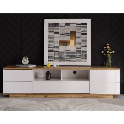 Meuble TV Moderne 180 Cm Blanc Et Bois Avec Portes à Motif