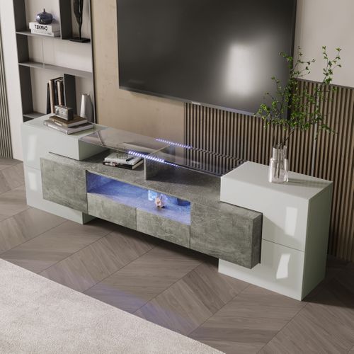 Meuble TV Moderne 200 Cm Blanc Brillant Et Gris Béton Avec LED