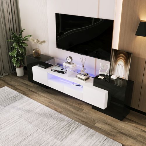 Meuble TV Moderne 200 Cm Blanc Et Noir Brillant Avec LED Multicolore