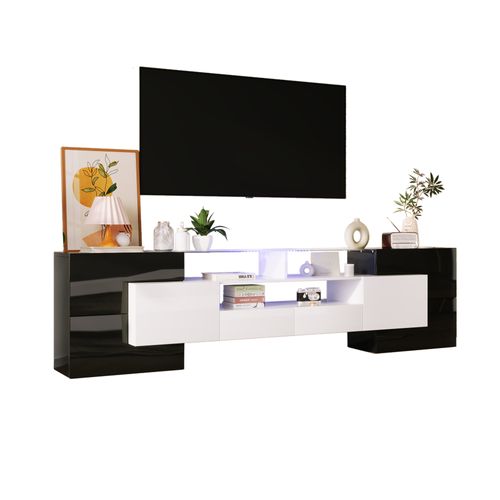 Meuble TV Moderne 200 Cm Blanc Et Noir Brillant Avec LED Multicolore