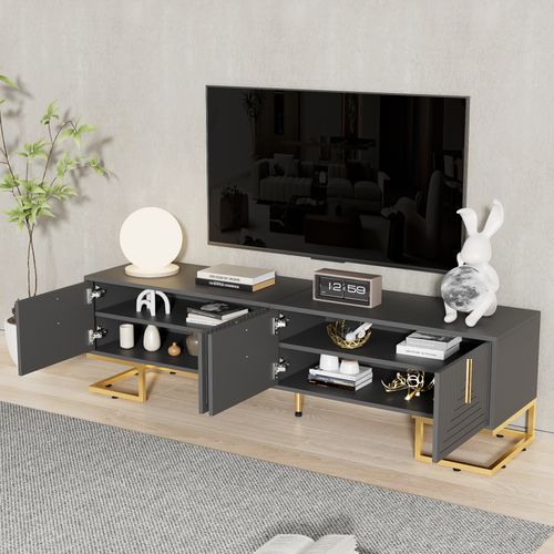 Meuble TV Lowboard Gris-noir Avec Portes Texturées Et Finitions Dorées