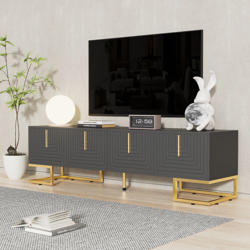Meuble TV Lowboard Gris-noir Avec Portes Texturées Et Finitions Dorées