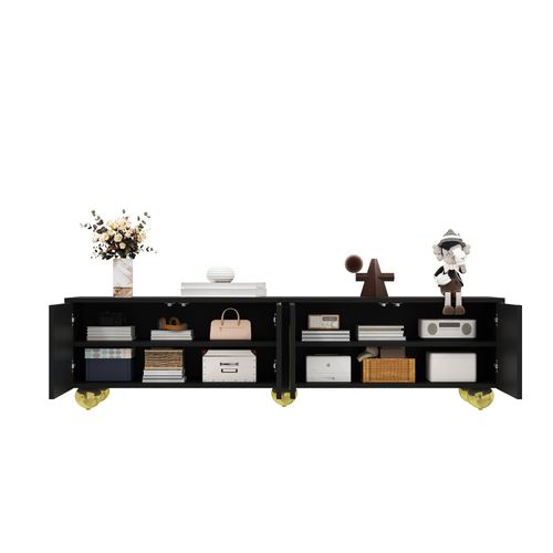 Meuble TV Lowboard Noir Avec Portes Sculptées Et Détails Dorés