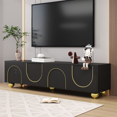 Meuble TV Lowboard Noir Avec Portes Sculptées Et Détails Dorés