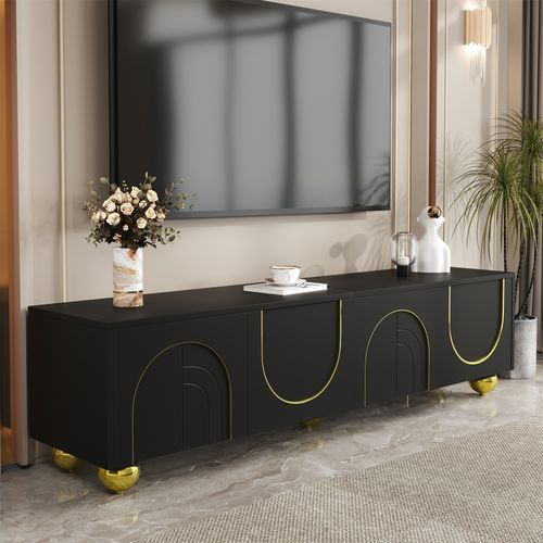 Meuble TV Lowboard Noir Avec Portes Sculptées Et Détails Dorés