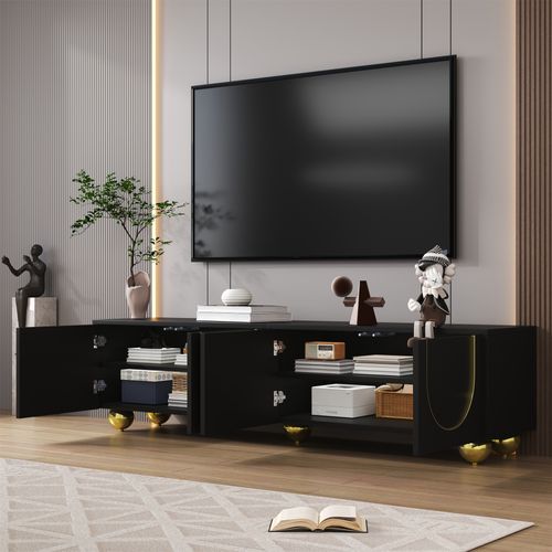 Meuble TV Lowboard Noir Avec Portes Sculptées Et Détails Dorés