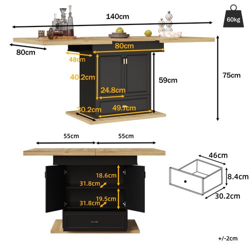 Table Extensible 110-140 cm Avec Plateau Bois Et Rangement Multifonction Intégré