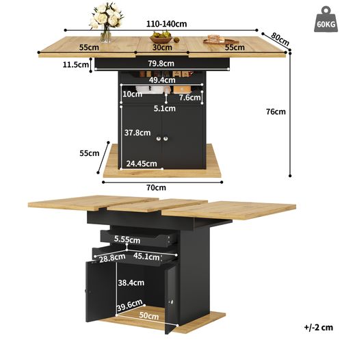 Table Téléscopique Extensible 110–140×80 Cm Avec Deux Tiroirs Et Grand Rangement