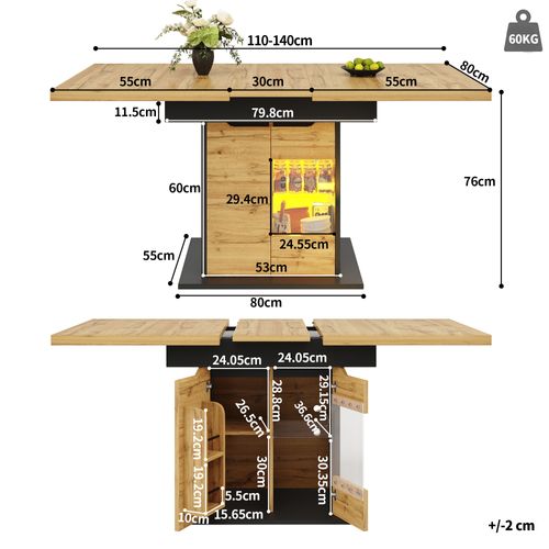 Table Extensible 110-140 cm Avec LED, Snack Et Portes Vitrées