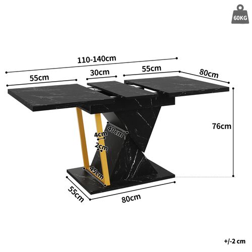 Table Extensible Aspect Marbre Noir 110-140 Cm, Plateau Mdf, Pieds Renforcés Et Rangement Discret