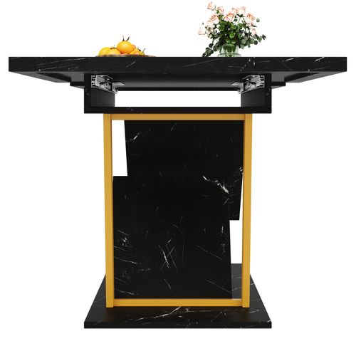 Table Extensible Aspect Marbre Noir 110-140 Cm, Plateau Mdf, Pieds Renforcés Et Rangement Discret