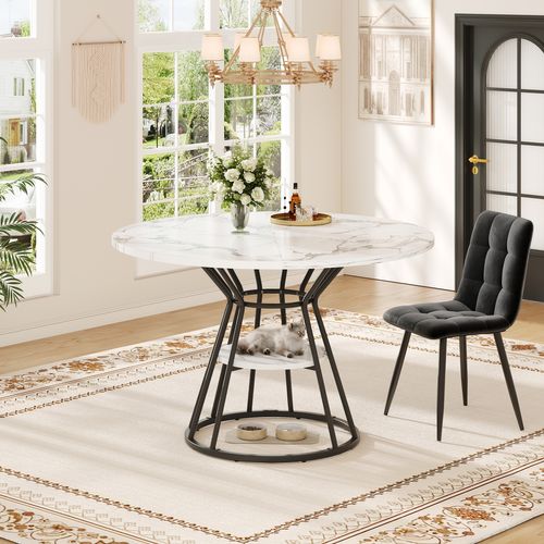 Table Ronde Marmo Métal Noir Et Doré Avec Étagère Centrale Pour Cuisine