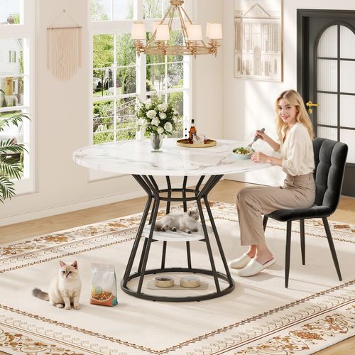 Table Ronde Marmo Métal Noir Et Doré Avec Étagère Centrale Pour Cuisine