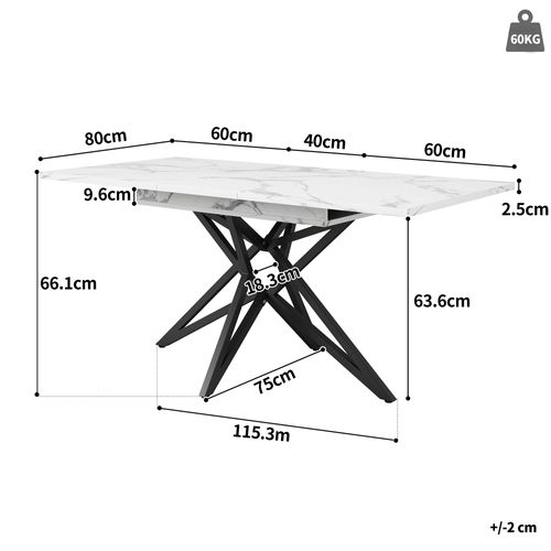 Table Extensible 120–160 Cm Avec Pieds Étoile Noirs Et Plateau Noyer/marbre