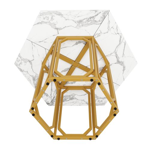 Table Hexagonale Effet Marbre Avec Pieds Métal Dorés Et Plateau Mdf 110 Cm