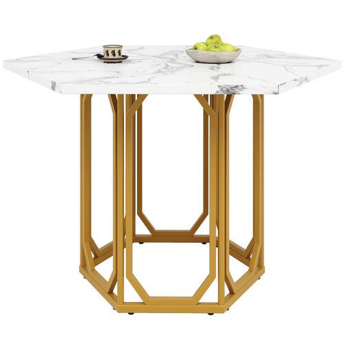 Table Hexagonale Effet Marbre Avec Pieds Métal Dorés Et Plateau Mdf 110 Cm
