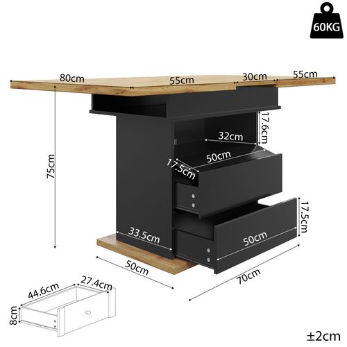 Table Extensible 110–140 Cm Noire Avec Trois Niveaux De Rangement Intégrés