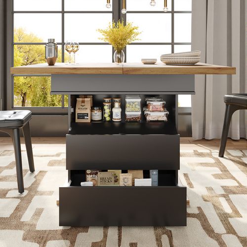 Table Extensible 110–140 Cm Noire Avec Trois Niveaux De Rangement Intégrés