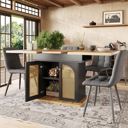 Table Extensible 110–140 Cm Avec Portes En Pe Rattan Et Rangement Intégré
