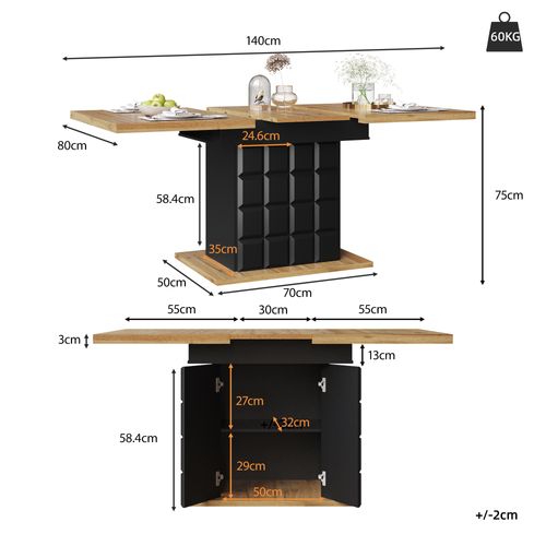 Table Extensible 110–140 Cm Avec Motif à Carreaux Et Rangement Intégré