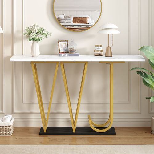 Table De Couloir 120 Cm Blanche Marbre Avec Pieds Métal Doré Et Noir