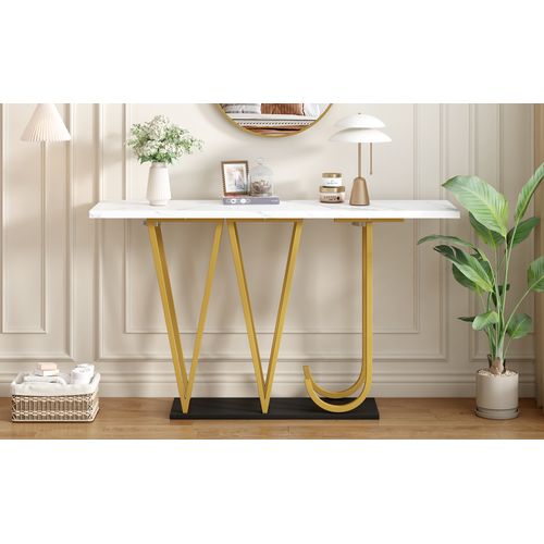 Table De Couloir 120 Cm Blanche Marbre Avec Pieds Métal Doré Et Noir
