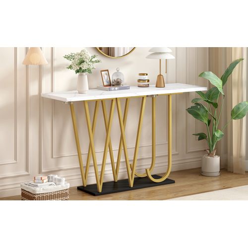 Table De Couloir 120 Cm Blanche Marbre Avec Pieds Métal Doré Et Noir