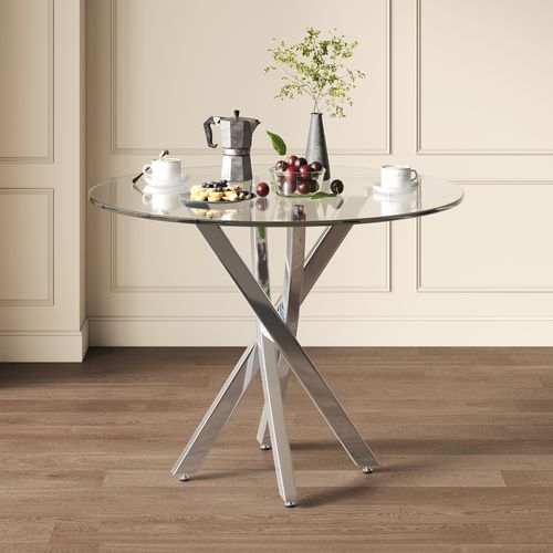 Table Ronde Moderne 80x80 Cm Avec Plateau En Verre Trempé Et Pieds Argentés