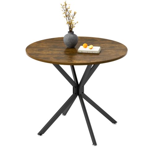 Table Ronde 90 Cm Vintage, Compacte, Pieds Métalliques, Brun/noir