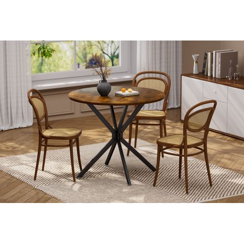 Table Ronde 90 Cm Vintage, Compacte, Pieds Métalliques, Brun/noir