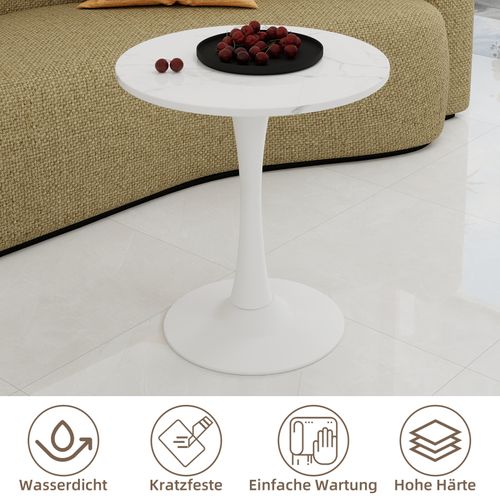 Table Ronde 70 Cm Style Mid-century Blanc Marbré Pour 2-4 Personnes