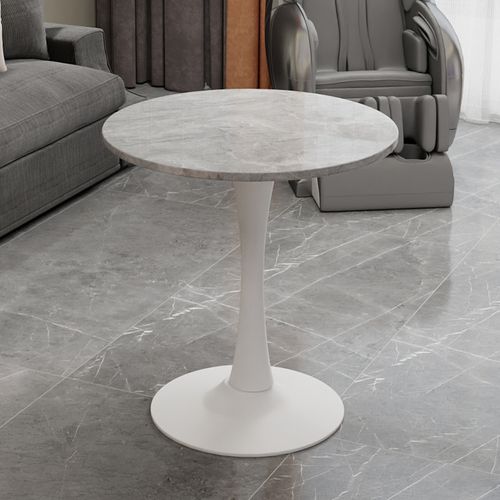 Table Ronde 70 Cm Style Mid-century Blanc Marbré Gris Clair Pour 2-4 Personnes