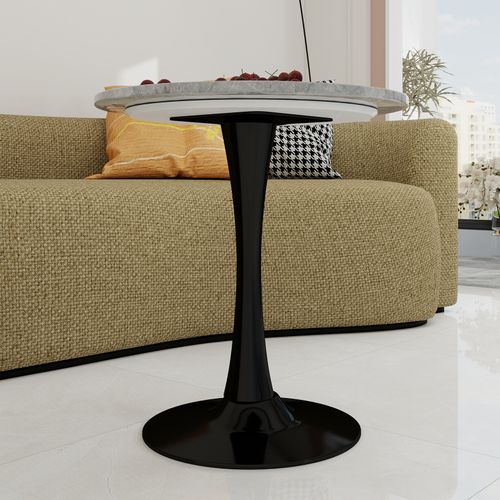 Table Ronde 70 Cm Style Mid-century Avec Plateau Marbre Gris Clair Et Pieds Noirs