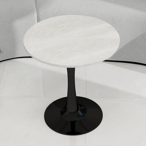 Table Ronde 70 Cm Style Mid-century Avec Plateau Marbre Crème Veiné Et Pieds Noirs