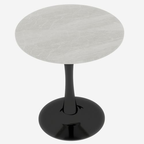 Table Ronde 70 Cm Style Mid-century Avec Plateau Marbre Crème Veiné Et Pieds Noirs