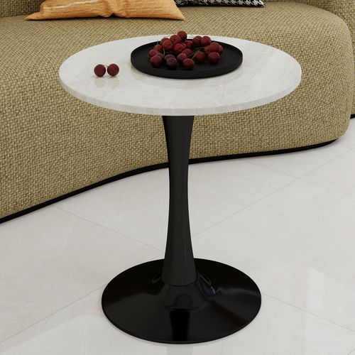 Table Ronde 70 Cm Style Mid-century Avec Plateau Marbre Crème Veiné Et Pieds Noirs