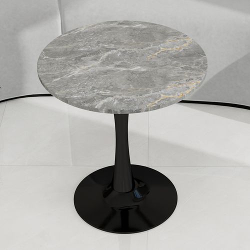 Table Ronde 70 Cm Style Mid-century Avec Plateau Marbre Gris Veiné Et Pieds Noirs