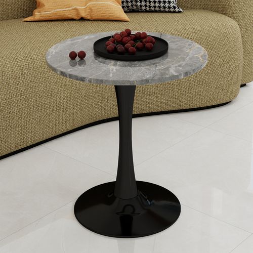 Table Ronde 70 Cm Style Mid-century Avec Plateau Marbre Gris Veiné Et Pieds Noirs