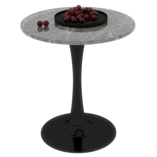 Table Ronde 70 Cm Style Mid-century Avec Plateau Marbre Gris Veiné Et Pieds Noirs