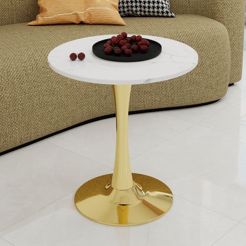 Table Ronde 70 Cm Style Mid-century Avec Plateau Marbre Blanc Et Pieds Dorés