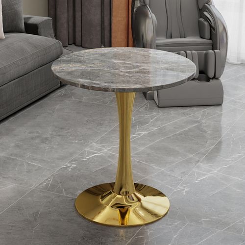 Table Ronde 70 Cm Style Mid-century Marbre Gris Veiné Et Pieds Dorés