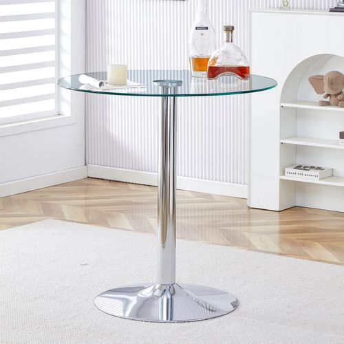 Table Haute Ronde 89 Cm En Verre Pieds Métal Argenté Style Luxe