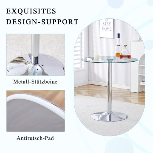 Table Haute Ronde 89 Cm En Verre Pieds Métal Argenté Style Luxe