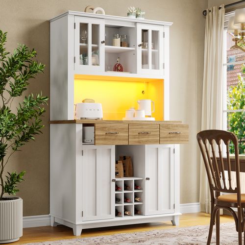 Buffet De Cuisine Blanc Avec LED, Vitrine Et Rangements Bois 106x40x179,5 Cm