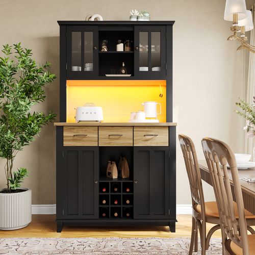 Buffet De Cuisine Noir Avec LED, Vitrine Et Rangements Bois 106x40x179,5 Cm